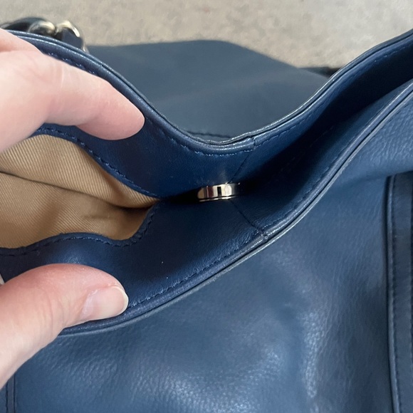 B. Makowsky indigo blue, Genuine Leather Tote with Silver Chain Detailing - Picture 12 of 14